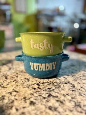 Mulberry Speckled Teal and Lime Ceramic Soup  Bowls with Handles